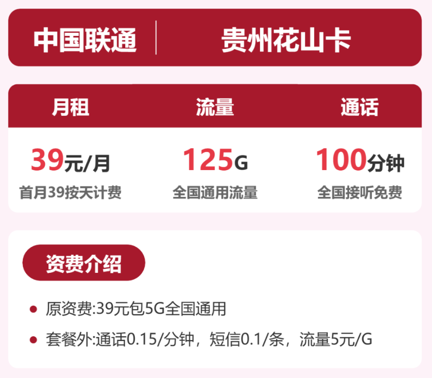 贵州联通流量卡：39元125G联通大流量套餐详情与使用指南